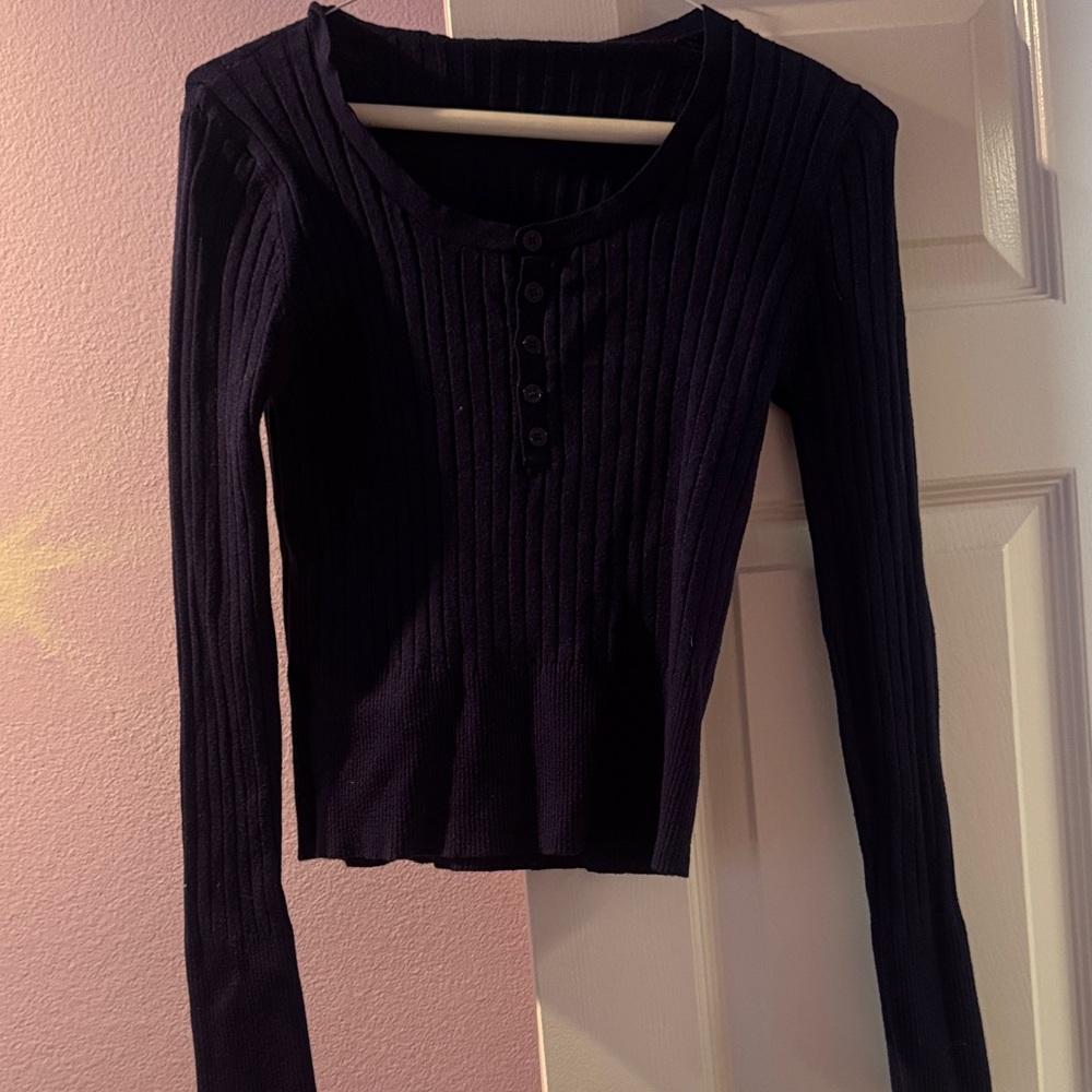 SHEIN navy blue Ribbed Long-Sleeve Henley Top